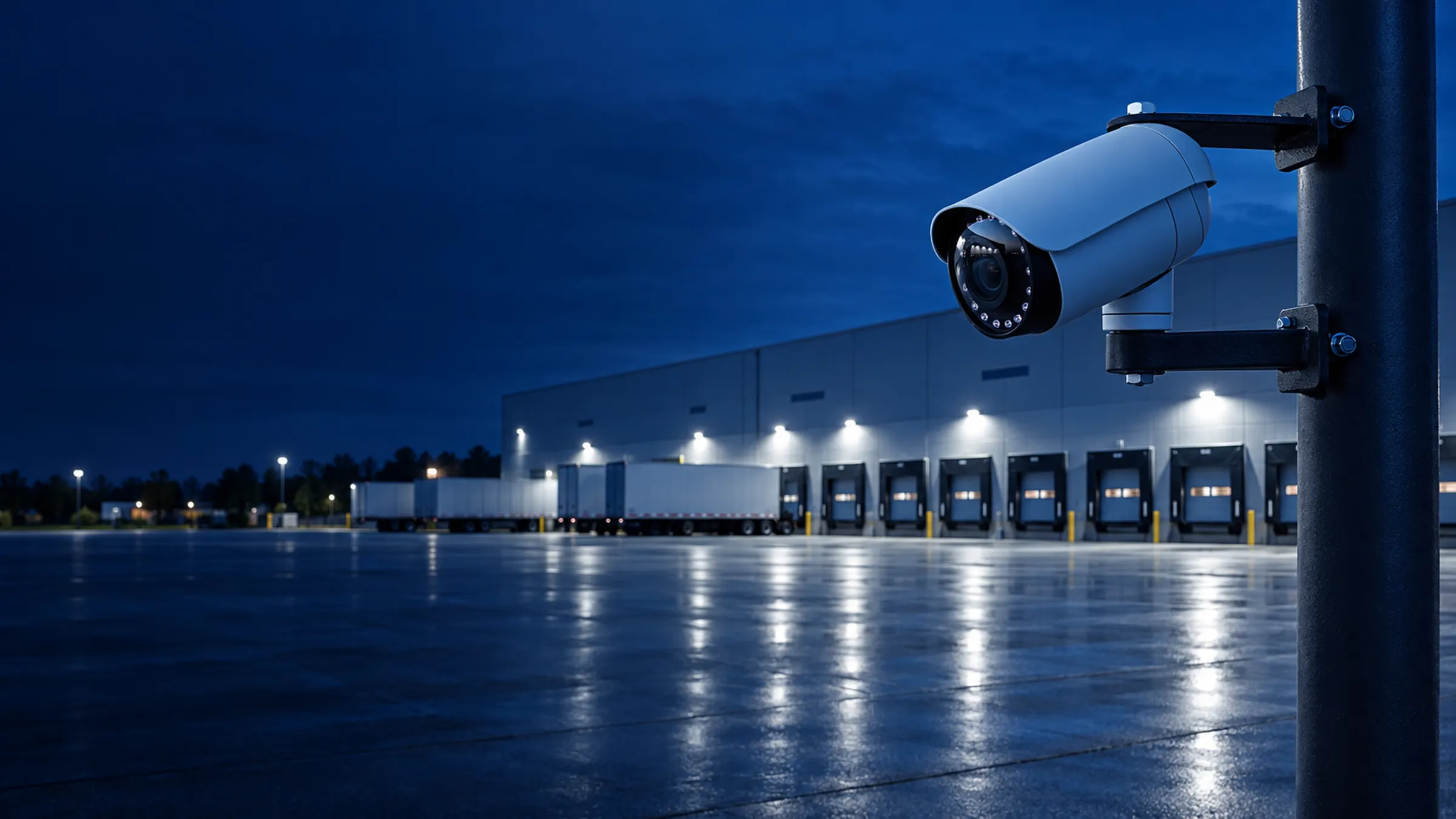 Security camera on a pole overlooking a lit warehouse and loading docks at night