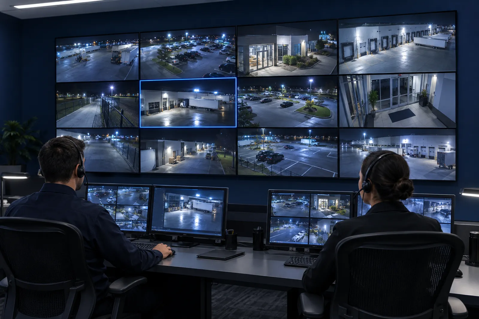 Two monitoring operators with headsets watching a video wall of live security camera feeds