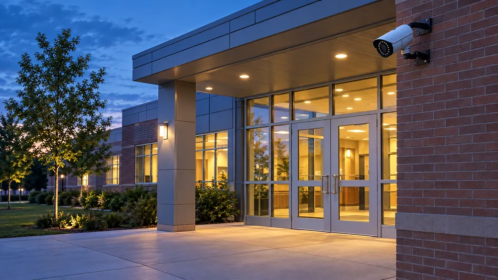 Modern school entrance at dusk with a security camera mounted beside the doors