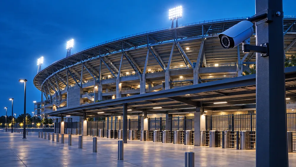 Stadium entry gates and turnstiles at dusk with a security camera mounted on a column